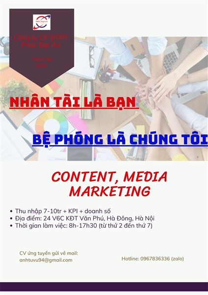 Tuyển Dụng Marketing Content, Marketing Media